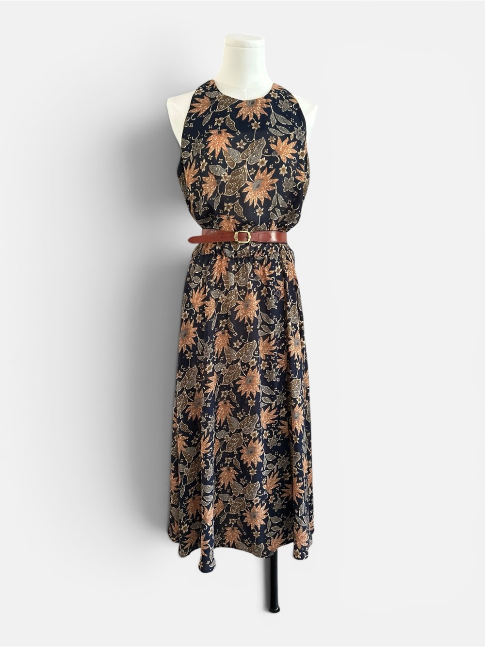 Vintage Navy Floral Halter Dress Clues Collection Button Slit USA Made Size 10